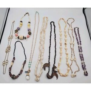 Lot of 9 BoHo Necklaces‎ Wood Shell Bead Amethyst Wearable Beachy Fun